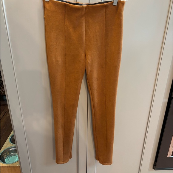 Anthropologie Pants - By Anthropologie - Camel brown faux suede skinny pull on pants zip hems, sz 30